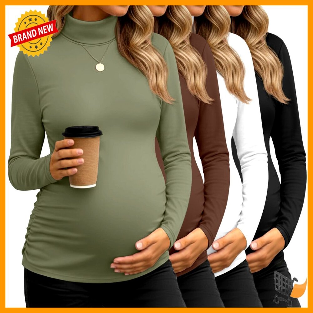 Mock Turtleneck Maternity Tops Side Ruched Long Sleeve Tees 4 Pack